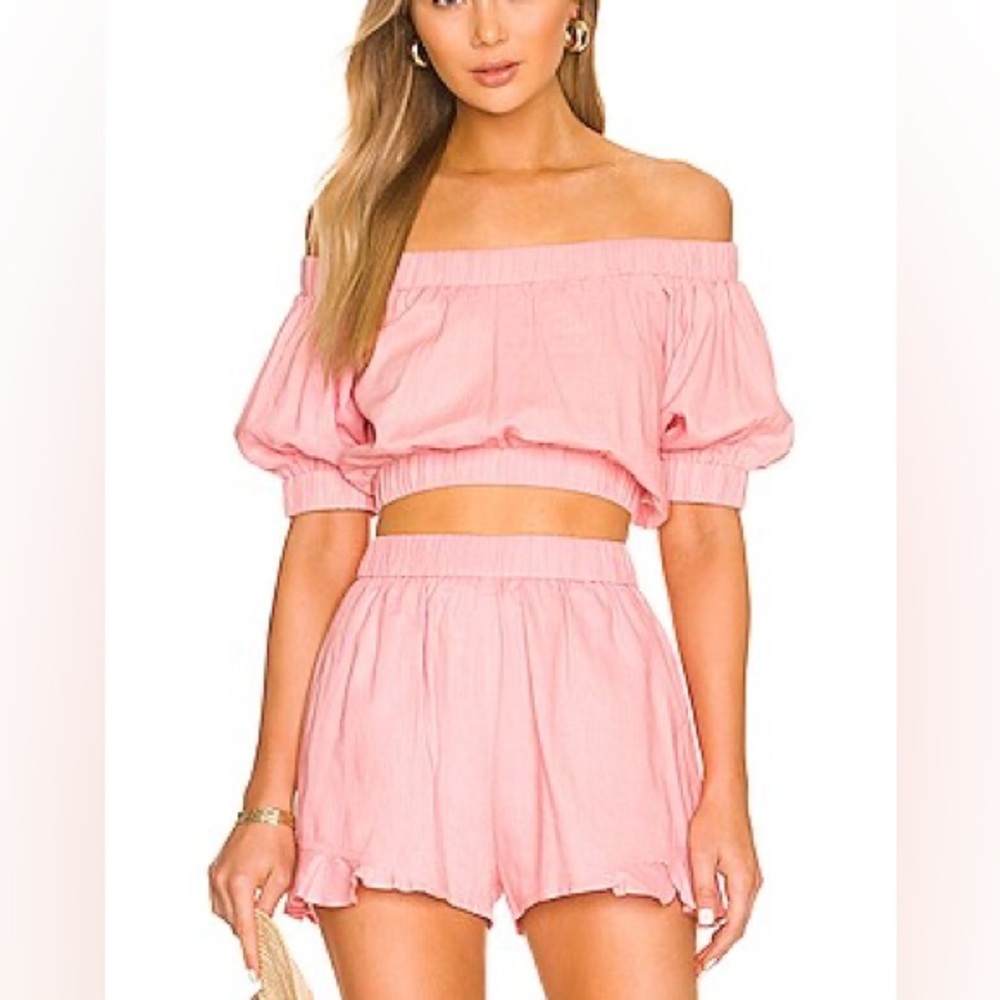 MINKPINK Two-Piece Off-Shoulder Crop Top & Shorts Set